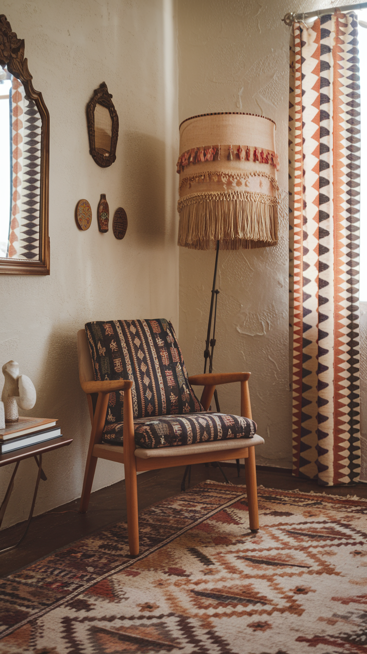 A collection of boho-style throws, cushions, and blankets, layered to create a warm, inviting space. Text overlay: "Cozy Boho Textiles"
