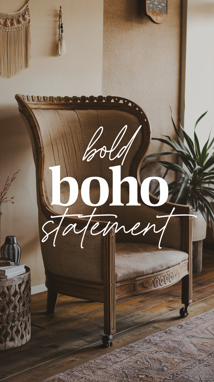 A boho room featuring a striking statement piece, like a vintage chair or a large art piece. Text overlay: "Bold Boho Statement"