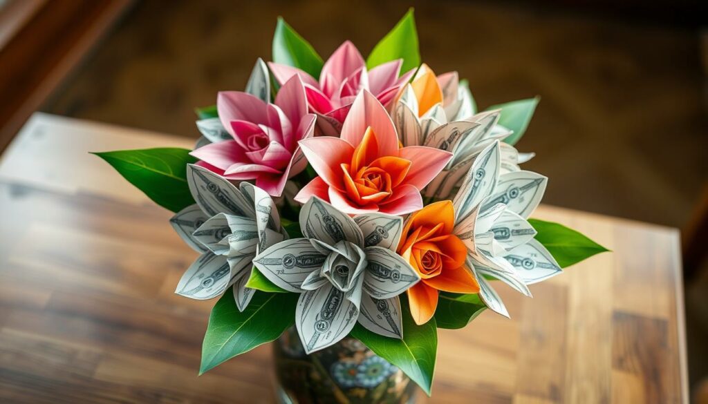 displaying cash floral arrangement