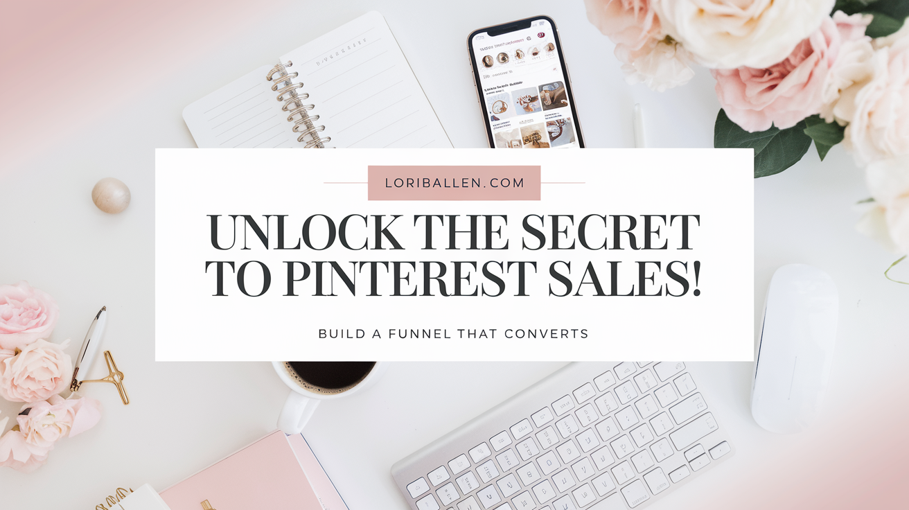 A clean, feminine background with a subtle blend of light pastel colors—soft pinks, creams, or light blues. The image includes a smartphoneshowing a Pinterest app, a simple notebook or planner, a keyboard, and a cup of coffee to evoke a productive, business-focused atmosphere.