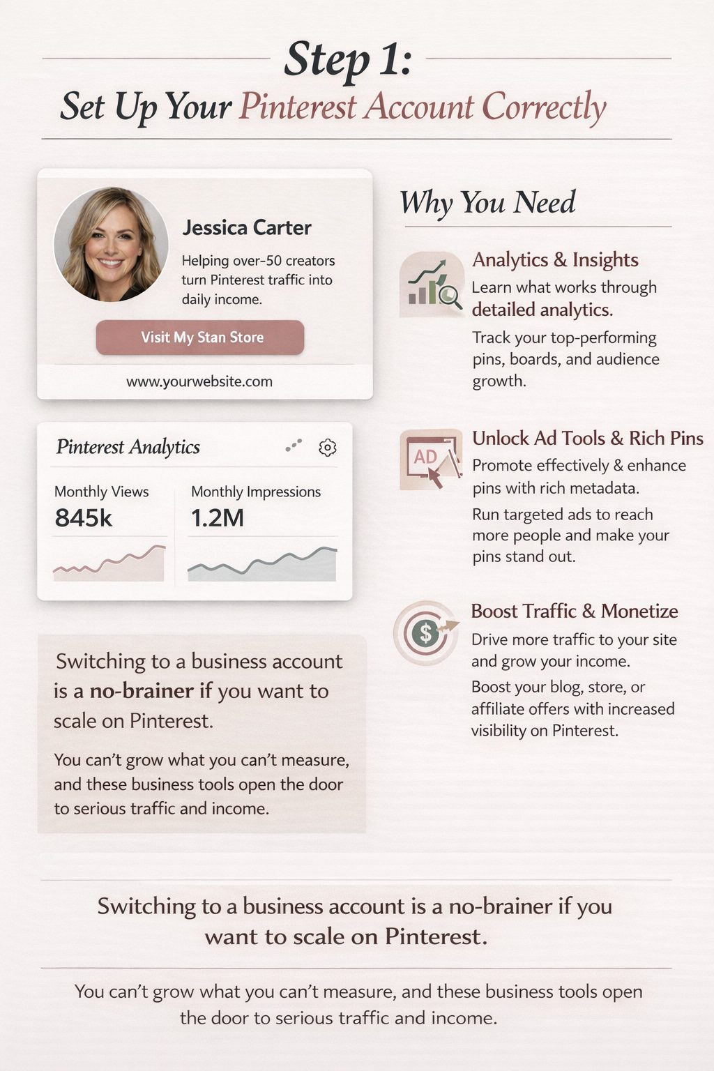 Before diving into growth strategies, it’s essential to set up your Pinterest account properly. This includes switching to a business account, which unlocks analytics, ad features, and other tools to grow your reach. Here’s how to do it: