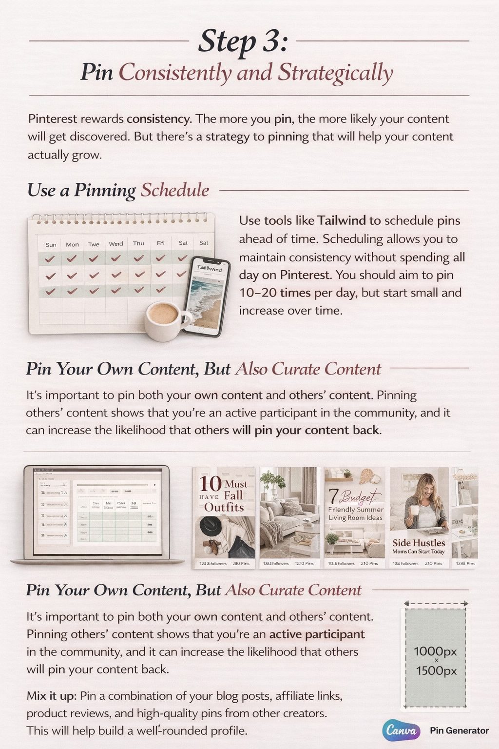 Step 3 is where momentum starts to build. Pinterest rewards creators who pin regularly, so consistency is key. Use a schedule to post daily and mix your own pins with others’ to stay active and visible. Focus on vertical images with clear, keyword-rich descriptions to help your content surface in search and attract steady traffic over time.