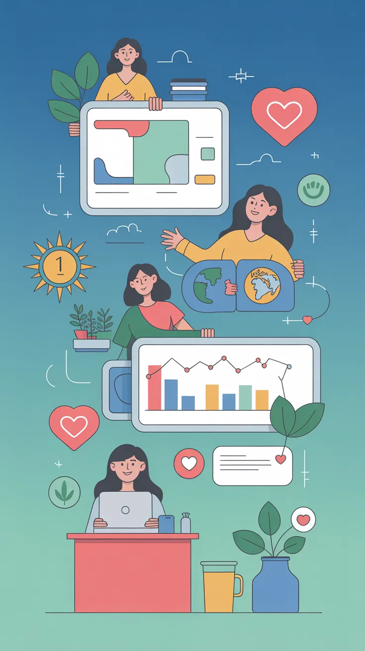 A colorful illustration featuring multiple characters engaged in activities related to data and communication, with graphs, a globe, plants, and a warm background.