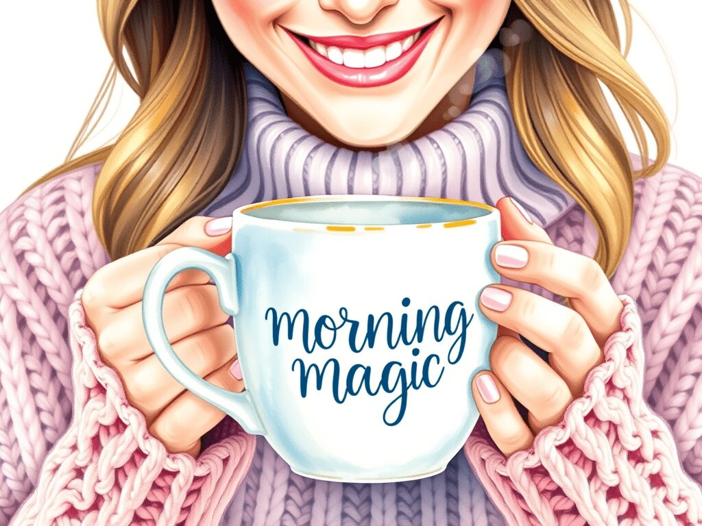 A close-up illustration of a smiling woman holding a mug that says 'morning magic' while wearing a cozy pink sweater.
