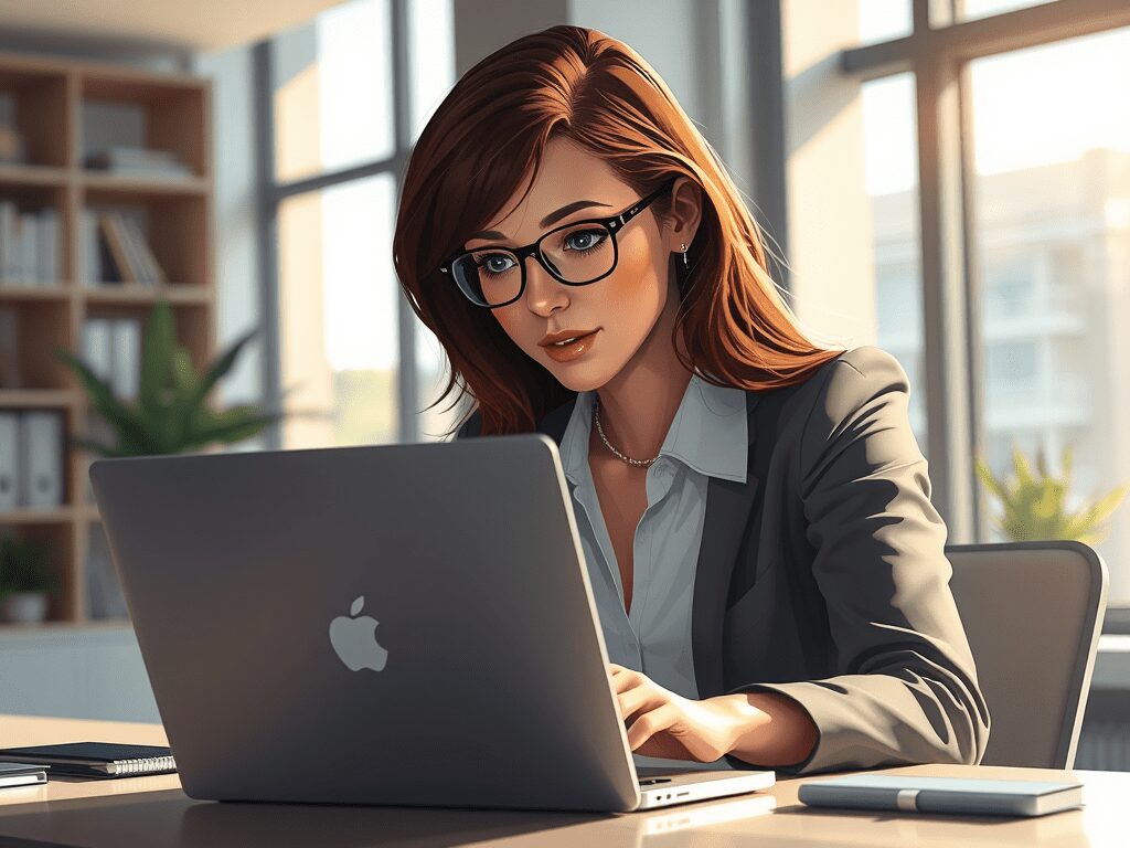 A focused young woman in a business suit working on a laptop in a modern office with large windows and plants in the background.
