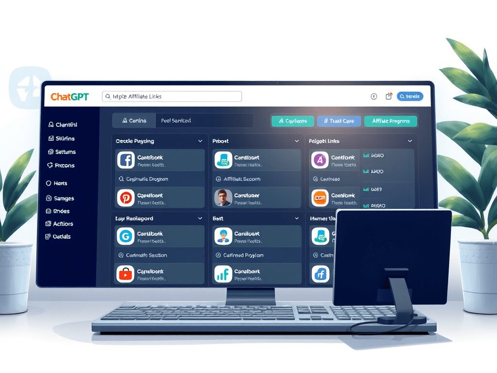 A computer monitor displaying a dashboard with various affiliate links and tools, including options like 'ChatGPT', 'Easylink', and 'Affiliate Programs'. The setup includes a keyboard and a potted plant in the foreground.