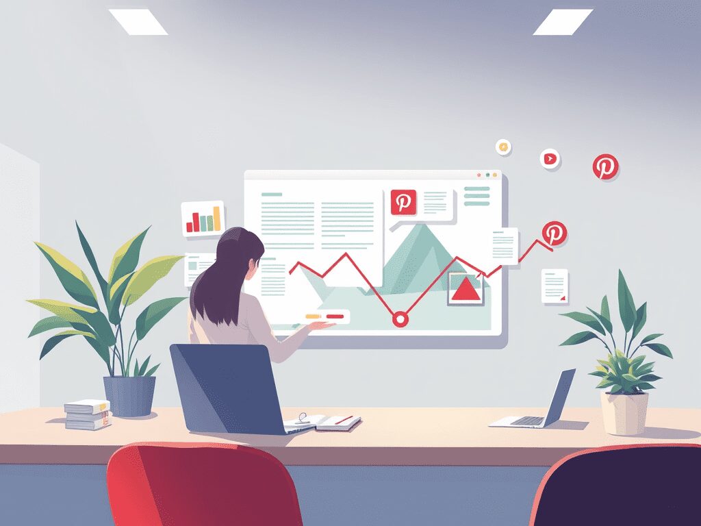 An office setting with a woman analyzing marketing metrics on a large screen, featuring graphs and images related to Pinterest. The desk has a laptop and potted plants.