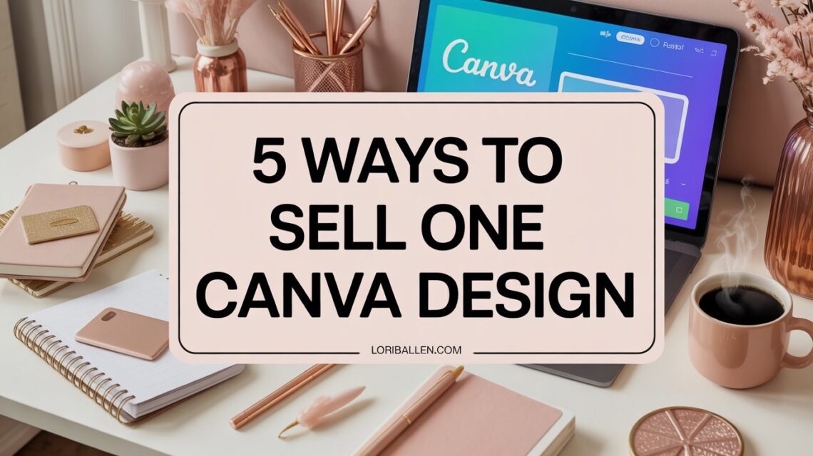 A large, centered rectangular text overlay dominates the composition, displaying the words “5 Ways to Sell One Canva Design” in a bold, clear, sans-serif font. Below the main text, smaller text reads “loriballen.com” positioned neatly along the bottom edge of the rectangle. The background depicts a soft-lit feminine creator studio with a computer open to Canva, notebooks, a coffee mug, and styled desk accessories in blush and gold tones.