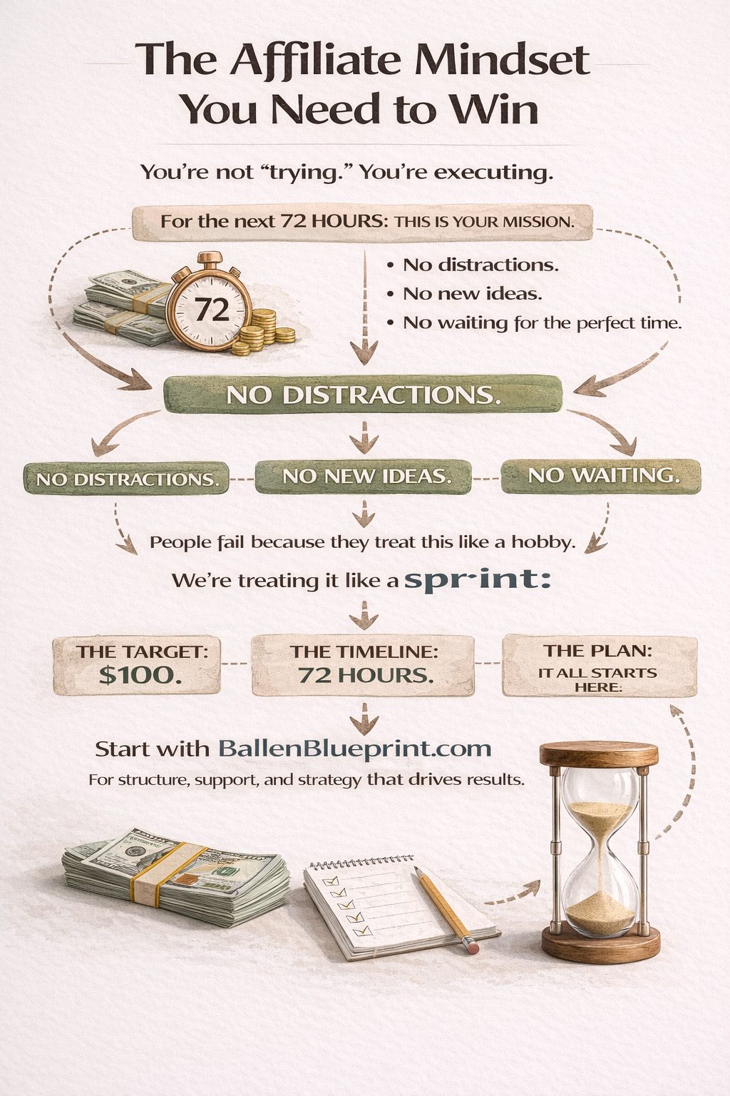 The Affiliate Mindset You Need to WinYou’re not “trying.” You’re executing.For the next 72 hours, this is your mission.No distractions. No new ideas. No waiting for the perfect time.People fail because they treat this like a hobby.We’re treating it like a sprint.The target: $100.The timeline: 72 hours.The plan: You’re about to see it.
