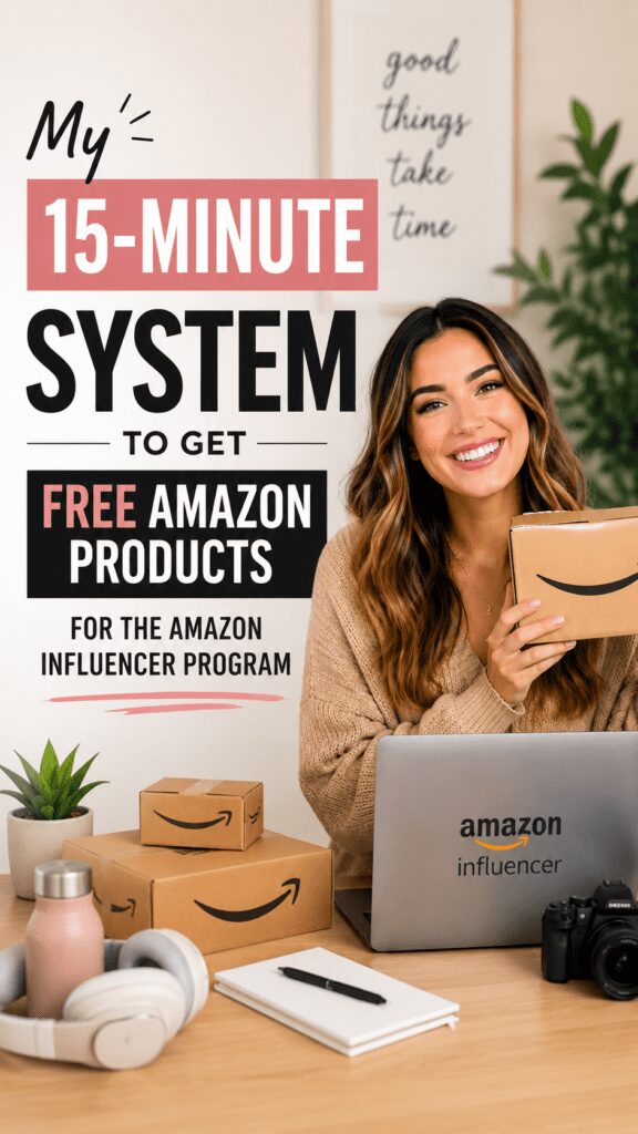 A smiling woman holds a small Amazon package while sitting at a desk with a laptop displaying the Amazon Influencer program. Surrounding her are additional Amazon boxes and office supplies, with inspirational decor in the background.