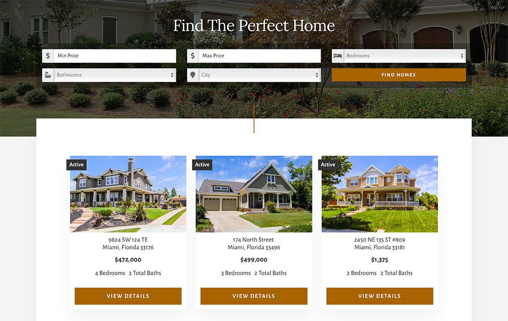 Real estate listings interface featuring a search form for finding homes with options for minimum and maximum price, number of bathrooms, and city. Three property listings displayed with addresses, prices, bedroom and bathroom counts, and 'View Details' buttons.