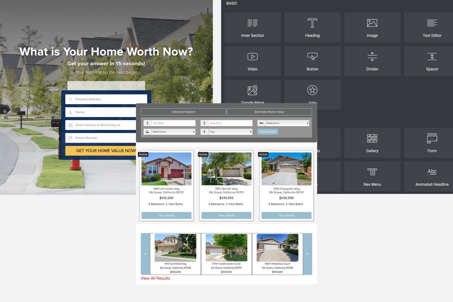A webpage titled 'What is Your Home Worth Now?' featuring a form for entering property details and an advanced search section to estimate home values. There are property listings displayed with images, prices, and descriptions.
