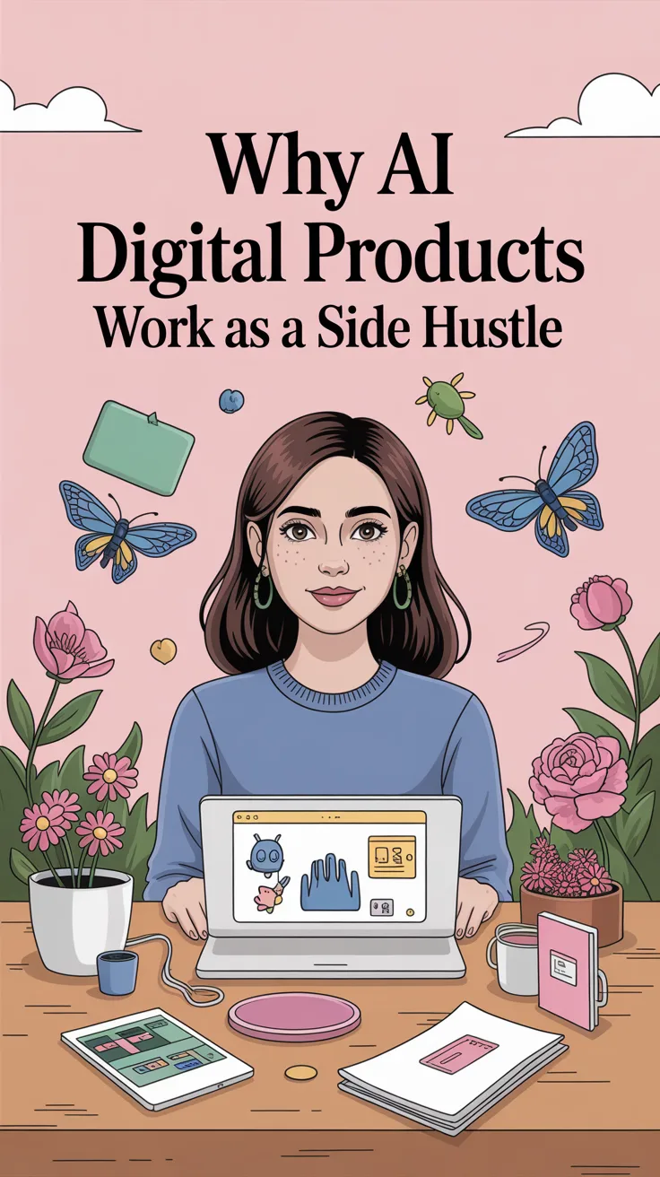 Illustration of a young woman sitting at a desk with a laptop, surrounded by plants, flowers, and digital devices, with the text 'Why AI Digital Products Work as a Side Hustle' in the background.