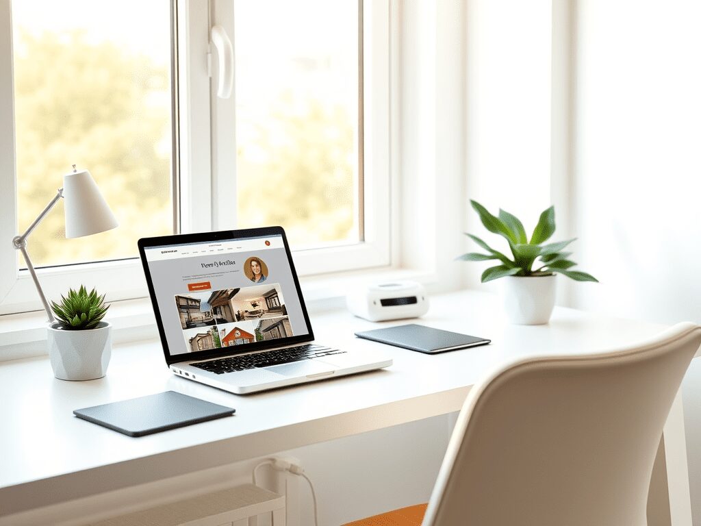 A modern workspace featuring a laptop on a white desk, displaying a website with images of homes. There are two black tablet-style objects on the desk, a potted plant on the left, and a desk lamp nearby. The scene is illuminated by natural light coming through a large window.