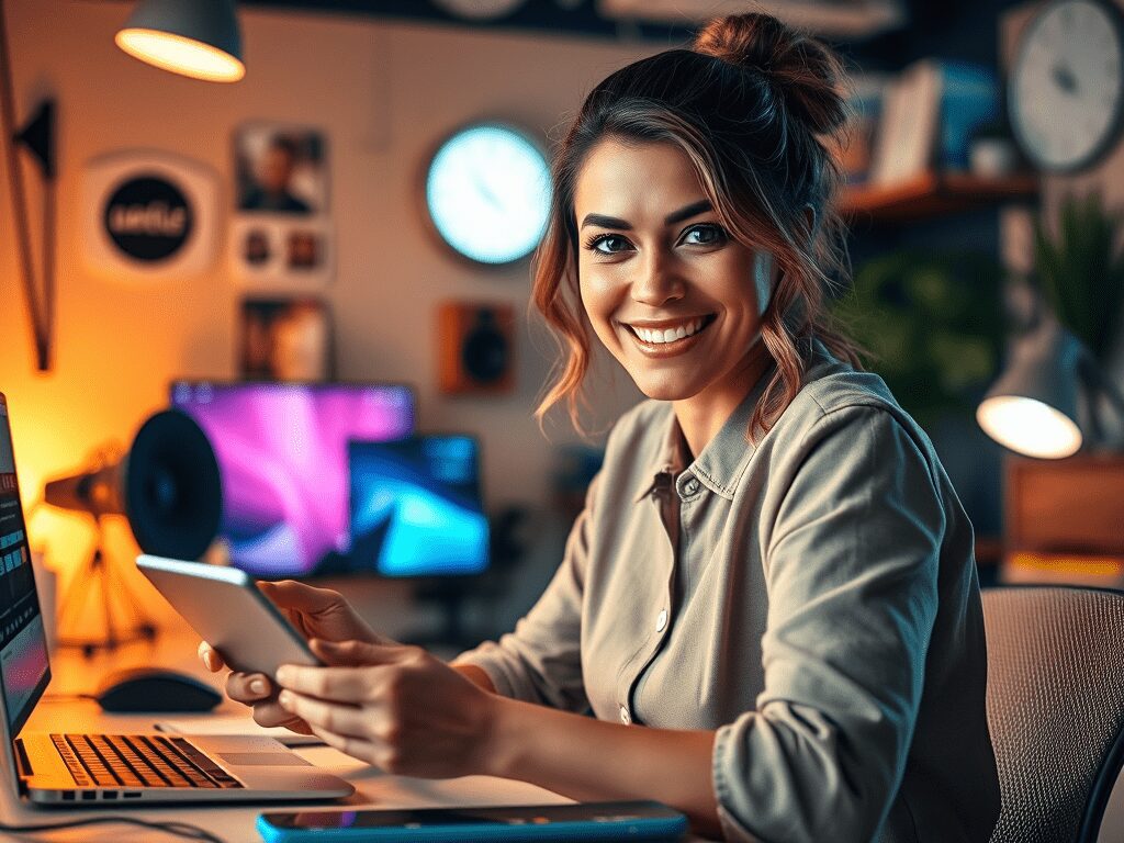 A smiling woman sitting at a desk with a laptop and a smartphone in her hands, surrounded by an organized workspace with decorative elements and soft lighting.