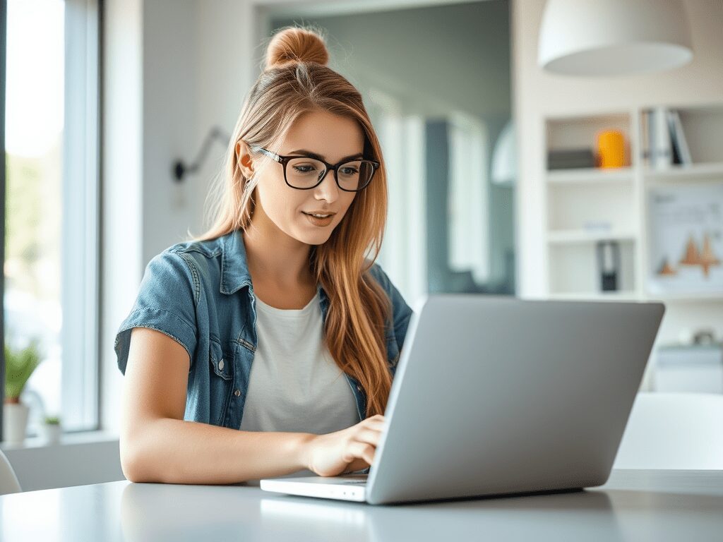 A woman with long hair and glasses, sitting at a table, working on a laptop in a bright, modern office space.