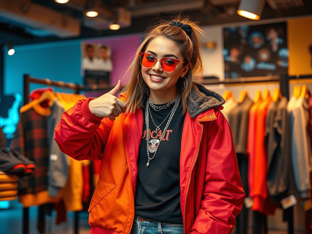 A young woman wearing red sunglasses and a bright red bomber jacket, smiling and giving a thumbs up in a clothing store with colorful apparel displayed in the background.