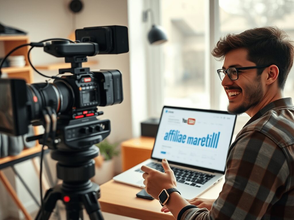 A young man with glasses is smiling while sitting at a desk, gesturing towards a professional video camera set up in front of him. A laptop displaying the words 'affiliae maretill' is also on the desk.