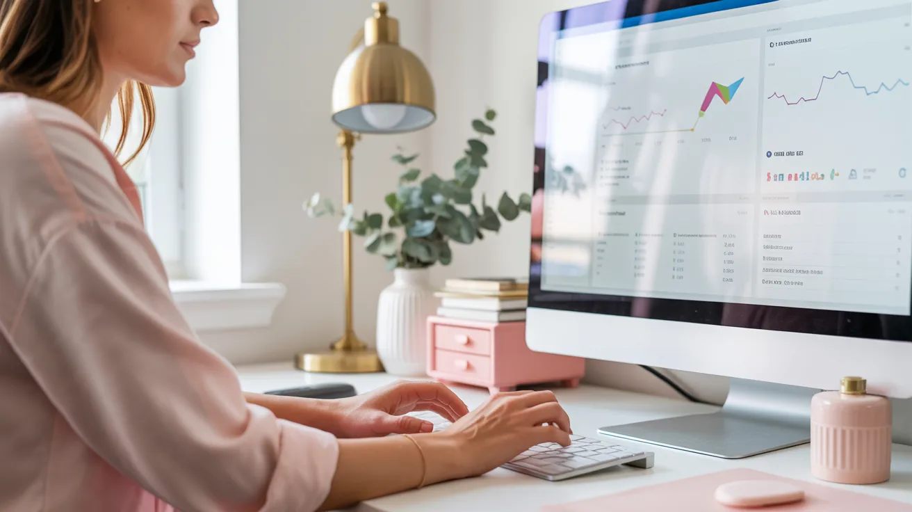 Woman typing on white keyboard with colorful analytics dashboards on monitor