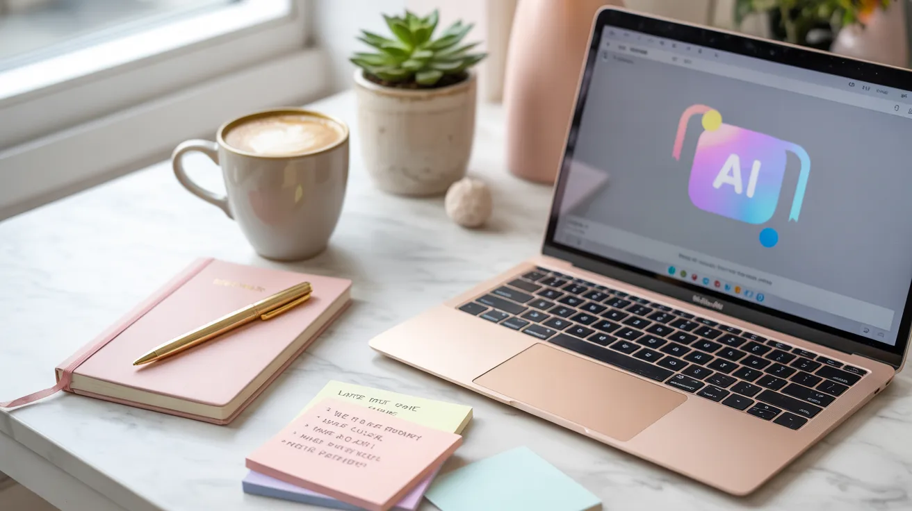 Feminine workspace with laptop and content creation tools for AI prompting