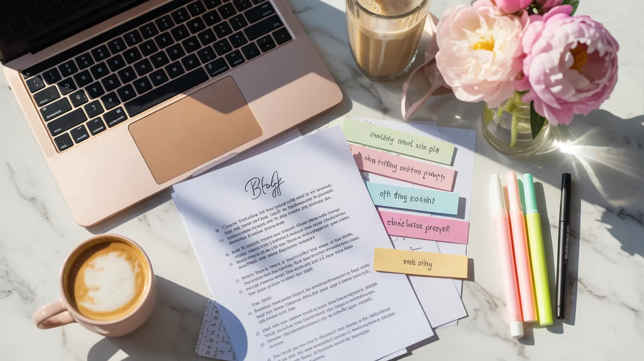 Aesthetic flat lay of marble desk with laptop sticky notes and peonies