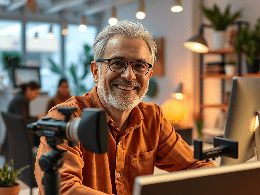 Smiling older man with glasses working at a desk with a camera and computer in a well-lit office environment.