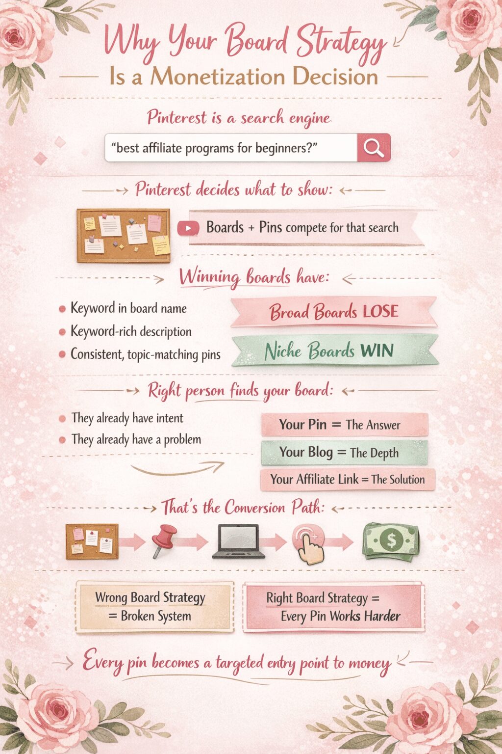 Infographic explaining the importance of board strategy for monetization on Pinterest, featuring tips on keyword usage, niche boards, and conversion paths.