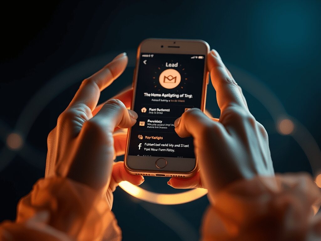 A person holding a smartphone displaying an app interface with various options, illuminated by soft backlighting.