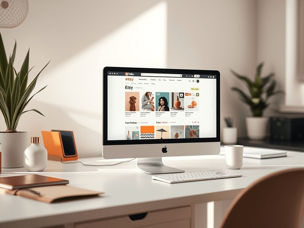 A desktop setup featuring an iMac displaying the Etsy homepage, with various handcrafted products. The workspace includes a white desk, a small potted plant, a cup, and decorative items.