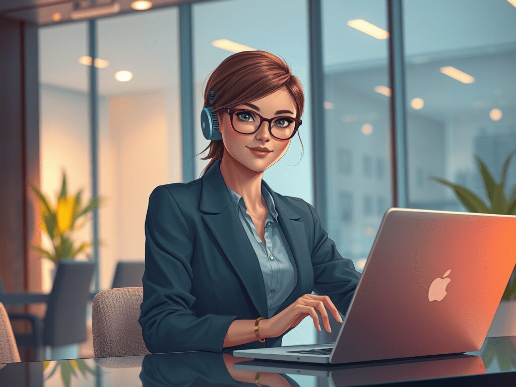 A professional woman wearing glasses and headphones sits at a desk with a laptop, working in a modern office environment.