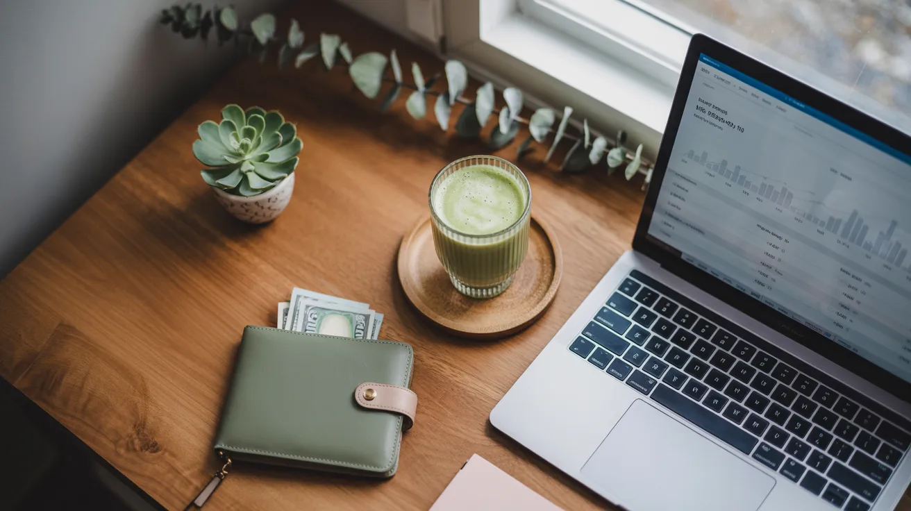 Overhead workspace with laptop showing financial dashboard matcha and sage wallet