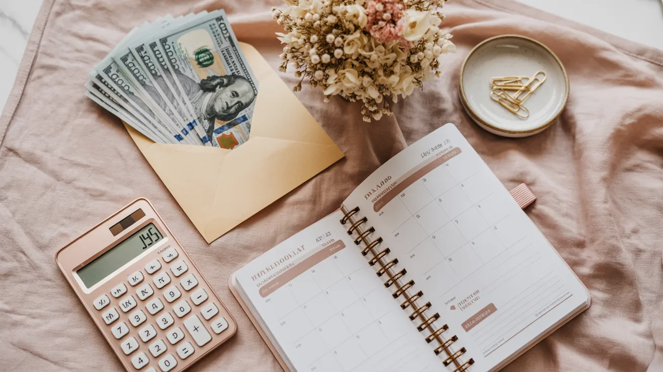 Financial planning flat lay with rose gold calculator stacked dollars and dried florals