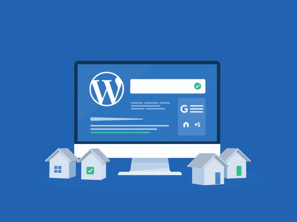 A computer displaying a WordPress website interface, with small house icons on either side against a blue background.
