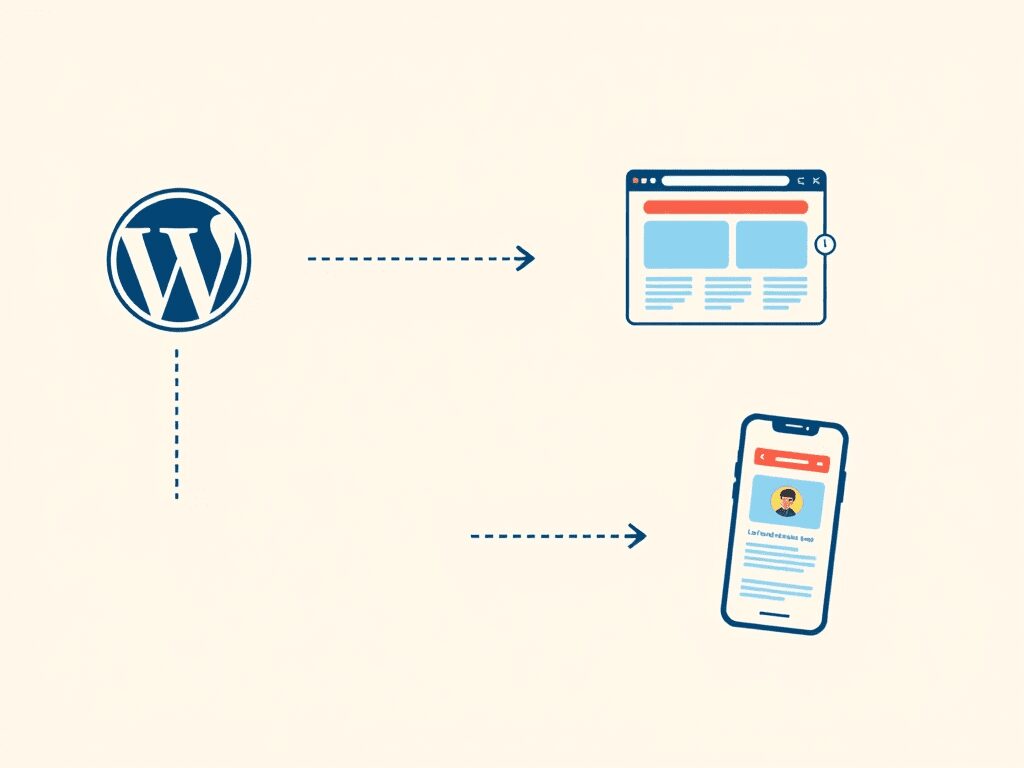 Illustration showing the WordPress logo connected to a web browser display and a mobile phone, demonstrating content management and delivery.