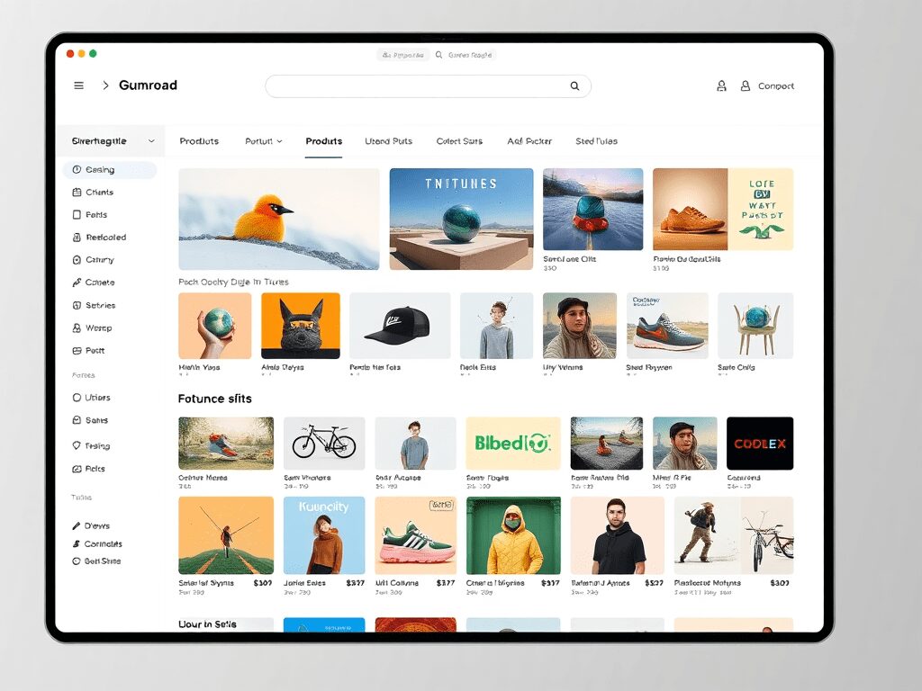 Screenshot of the Gumroad website showcasing various products including art, clothing, and accessories.