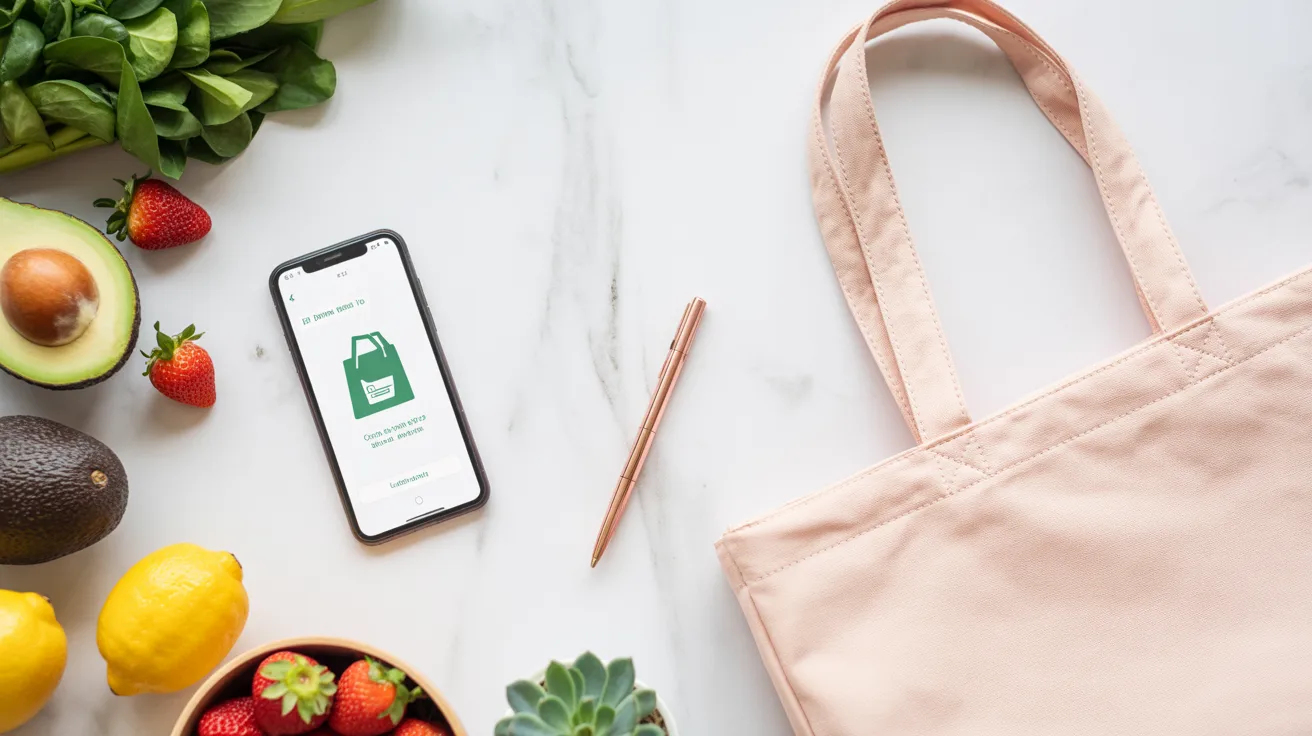 Grocery delivery flat lay with smartphone, fresh groceries, and blush tote bag on marble surface