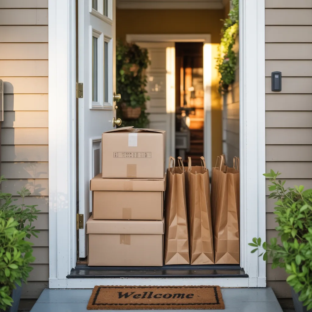 Front porch with delivery boxes and brown paper grocery bags stacked by white front door