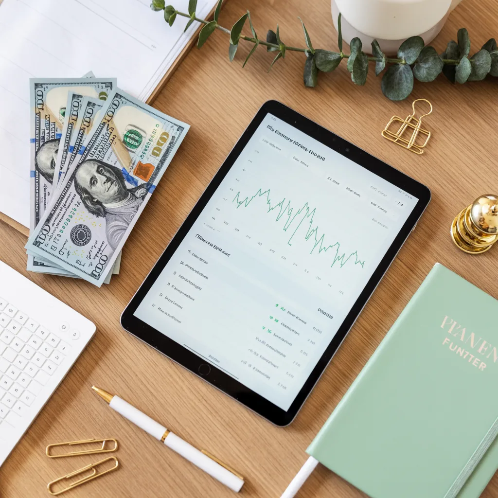 Side hustle workspace flat lay with tablet showing earnings dashboard, dollar bills, and mint planner
