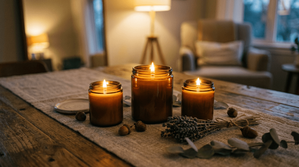 Three amber jar candles lit on a rustic wooden table with dried lavender and acorns