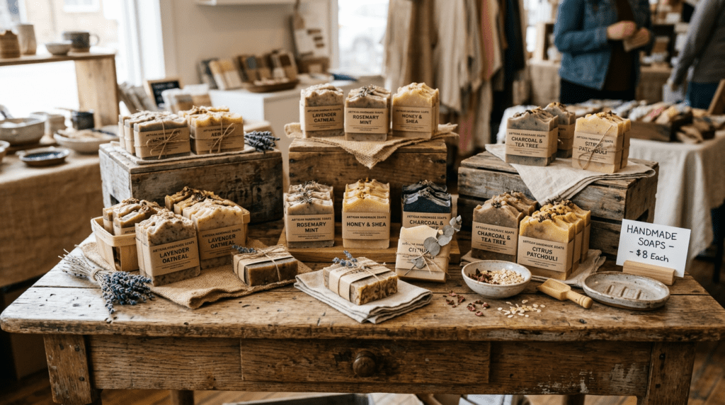 Handmade soaps labeled with ingredients like lavender oatmeal, rosemary mint, honey and shea, charcoal and tea tree, and citrus patchouli