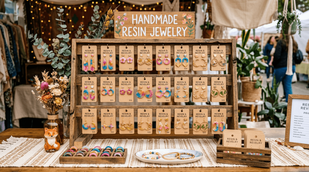 Various colorful handmade resin earrings and bracelets displayed on wooden racks