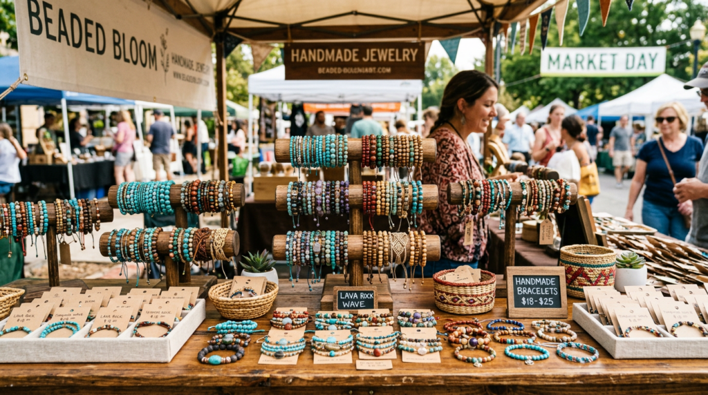 Display of colorful handmade beaded bracelets and jewelry at market stall