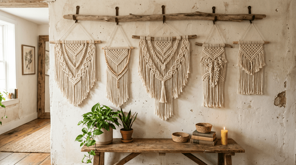 Five beige macrame wall hangings on a rustic wall above a wooden bench with potted plants, books, baskets, and a lit candle