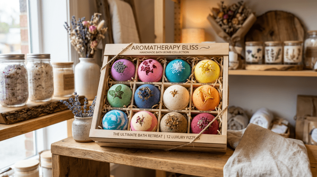 Wooden box of 12 colorful aromatherapy bath bombs with natural decor