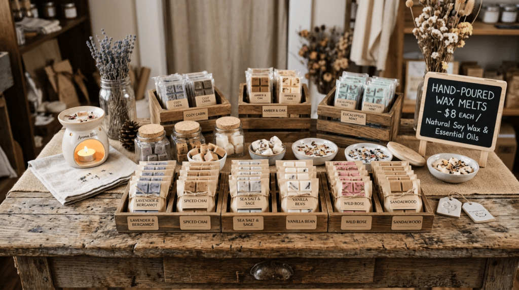 Variety of hand-poured soy wax melts arranged on a wooden table with labels and a sign.
