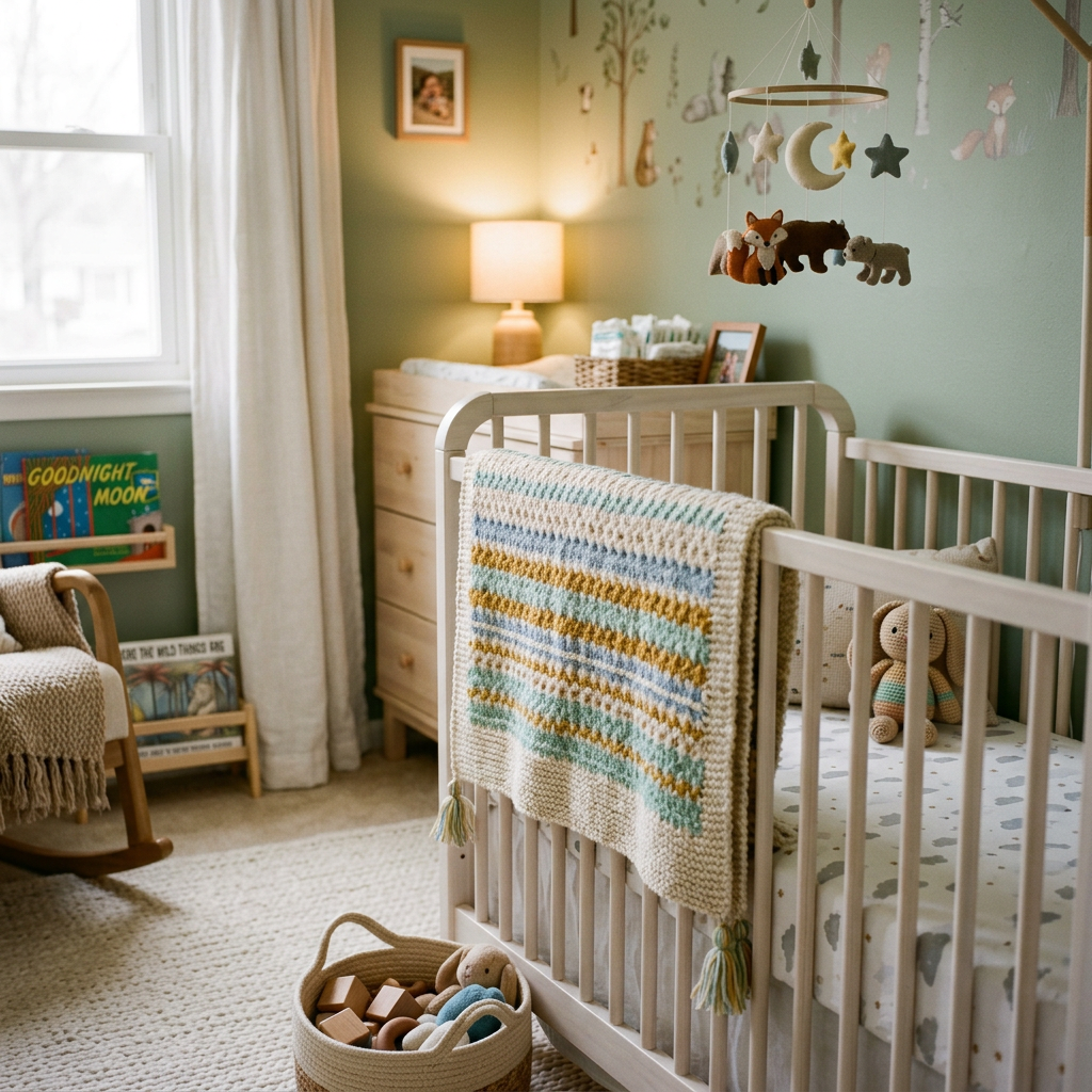 Nursery with crib, knitted blanket, stuffed toys, rocking chair, and woodland-themed wall decals