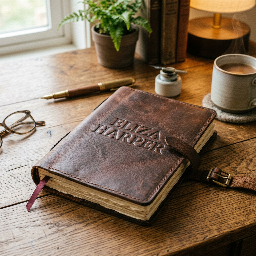 Brown leather journal embossed with Eliza Harper on wooden desk with pen, glasses, plant, ink bottle, and cup