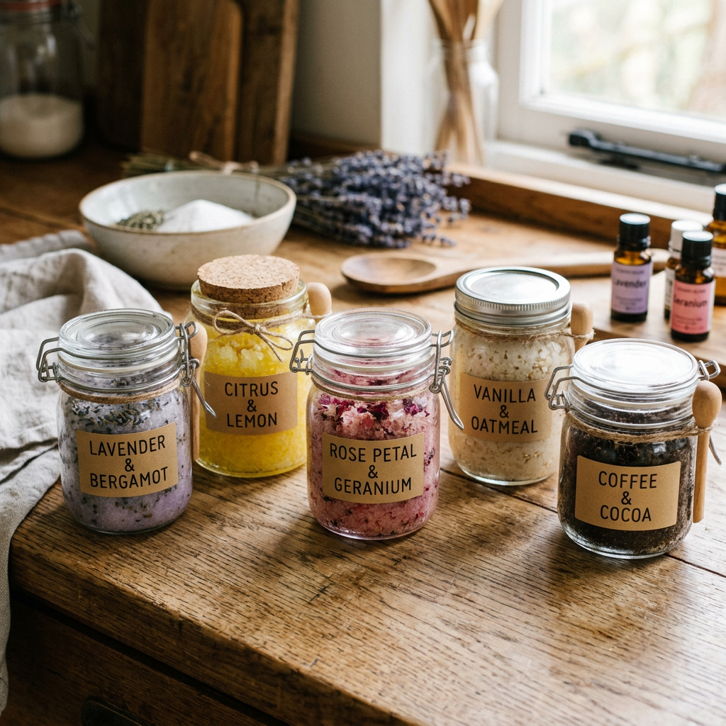 Jars of lavender & bergamot, citrus & lemon, rose petal & geranium, vanilla & oatmeal, coffee & cocoa bath salts
