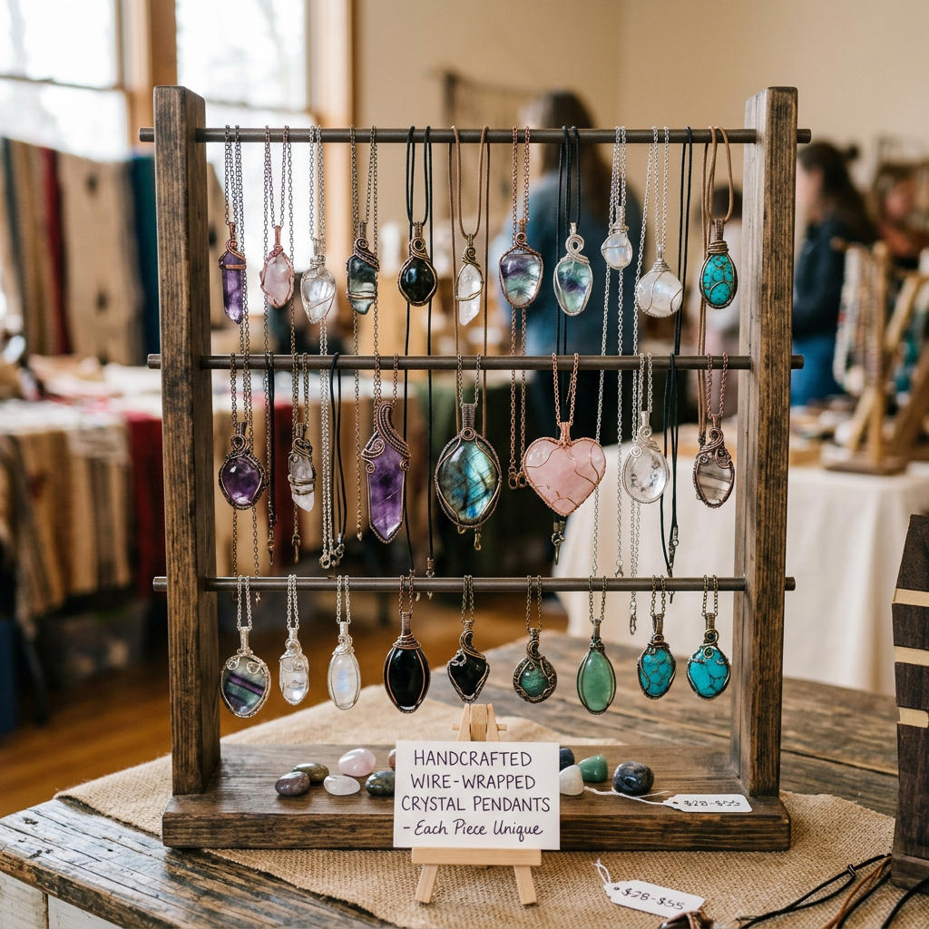 Handcrafted wire-wrapped crystal pendants hanging on a wooden display rack
