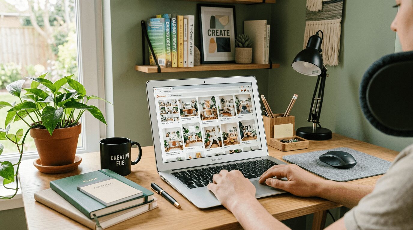 Person using MacBook laptop at wooden desk with plants and stationery